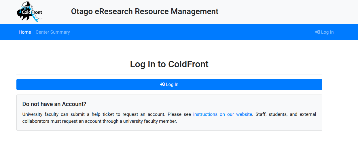 Coldfront Login Page