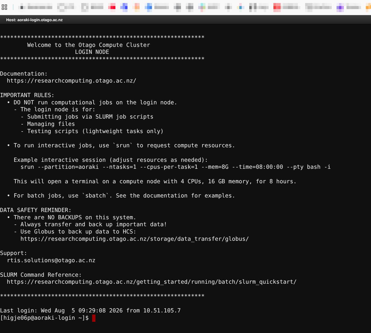 A browser tab showing a terminal connected to aoraki-login.otago.ac.nz, with the Otago Compute Cluster login node welcome banner and a shell prompt