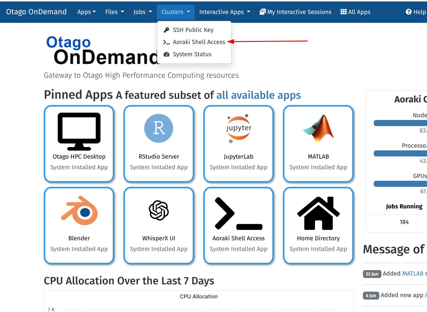 The Clusters menu open on the OnDemand dashboard, with Aoraki Shell Access highlighted